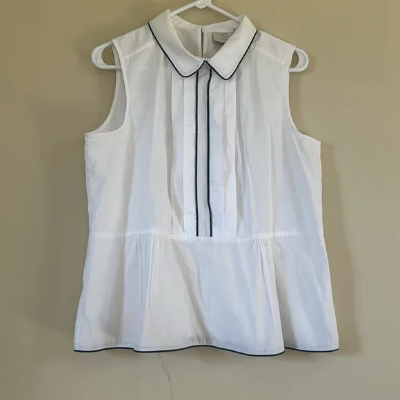 HD IN PARIS Anthropologie White & Blue Bennett Pleated Peplum Sleeveless Top L7 - Picture 3 of 9